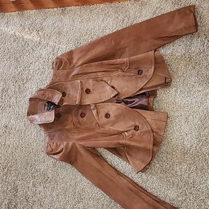 INC REAL LEATHER LINED STRUCTURED RUFFLE FRONT cognac ZIP UP  JACKET SIZE SMALL